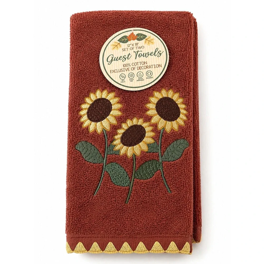 Thanksgiving Sunflower Fingertip Towels Set of 2 Rust Embroidered Fall Harvest